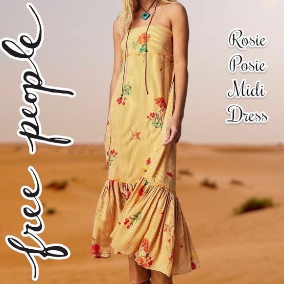 FREE PEOPLE Rosie Posie Strap/Strapless Empire-Waist Viscose Midi Dress NWT/Lg - Picture 1 of 17